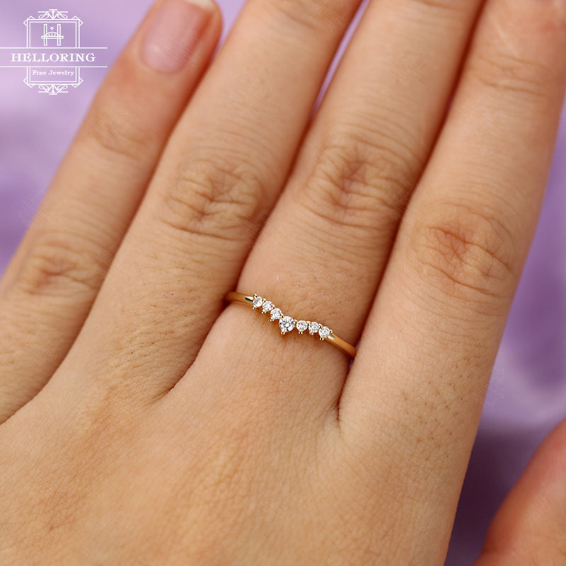 Rose gold wedding band Diamond wedding band Women Curved Unique Matching Stacking Chevron Bridal Jewelry Promise Anniversary gift for her