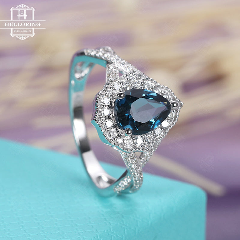 Vintage Topaz engagement ring white gold women, Pear shaped London Blue Topaz ,halo set diamond/Moissanite Wedding Twisted band Gift for her