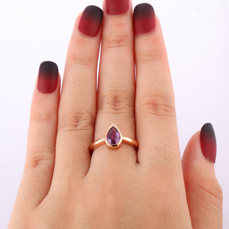 Amethyst engagement ring rose gold women,Solitaire wedding ring,Unique Pear shaped Jewelry,Anniversary gift for her,valentines day bezel set