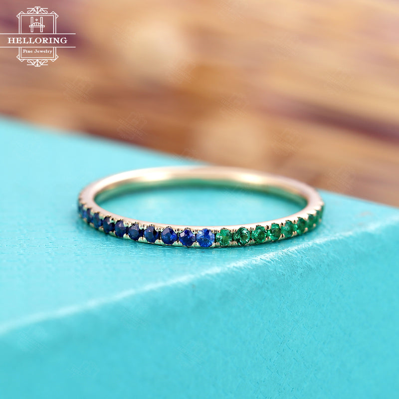 London blue topaz, emerald, sapphire wedding band, alternating gold band women,Simple eternity rings for women Matching Stacking Jewelry