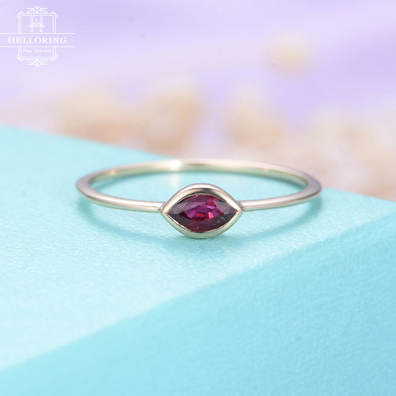 Ruby Engagement Ring rose gold marquise simple Minimalist Wedding birthstone antique Bridal set Woman Anniversary gift for her stack ring