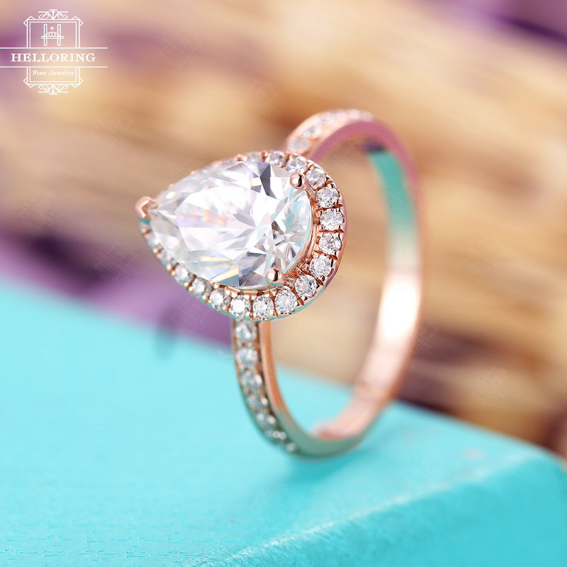 Moissanite engagement ring, Pear shaped rose gold ring, Halo diamond ring, Unique Anniversary gifts for her, Half eternity, rings for Women