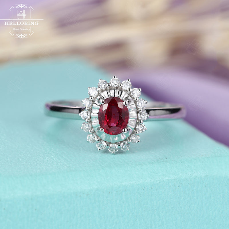 Ruby engagment ring vintage women Cluster diamond wedding ring antique act deco Flower birthstone Bridal Jewelry Christmas gift Anniversary