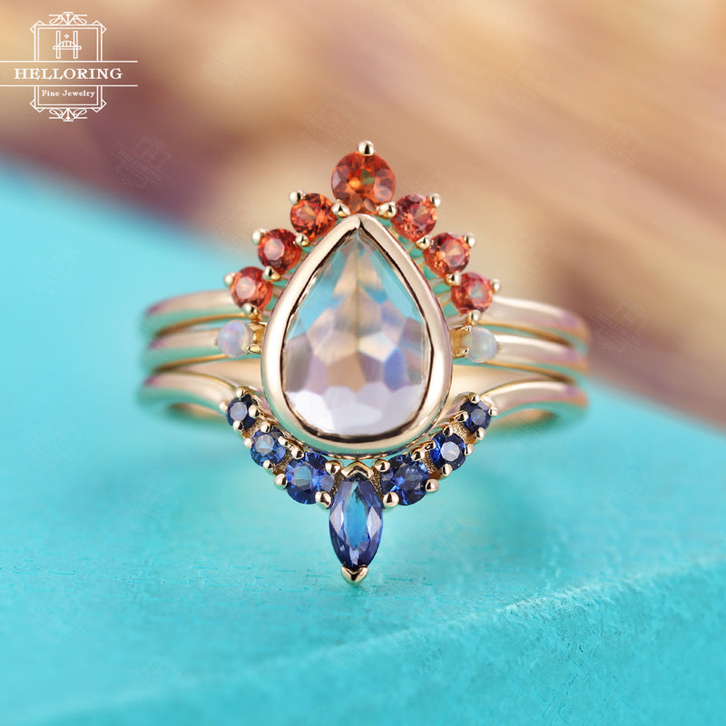 Moonstone engagement ring with opals, Rose gold wedding band,Marquise Sapphire,Orange Sapphire,Curved matching ring,Pear shaped Women's gift