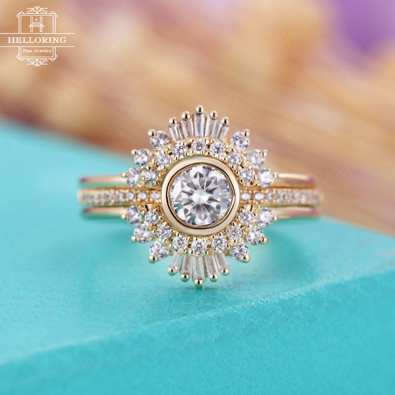 Moissanite engagement ring set Women,Rose gold wedding ring Vintage,Baguette Diamond ,Anniversary gifts for her,Half eternity