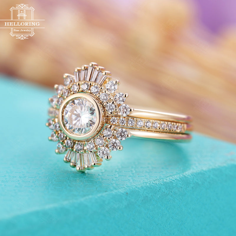 Moissanite engagement ring set Women,Rose gold wedding ring Vintage,Baguette Diamond ,Anniversary gifts for her,Half eternity