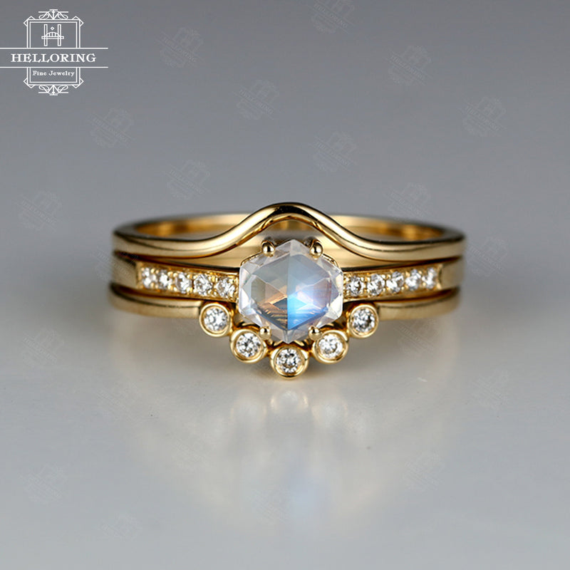 Moonstone engagement ring Curved diamond wedding band Plain gold ring Hexagon Unique Vintage Bridal set Jewelry Gift for women Anniversary