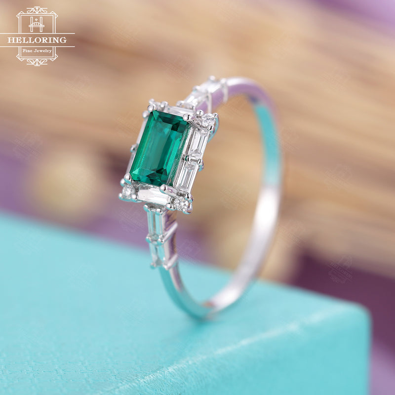 Lab Emerald Engagement ring Baguette diamond wedding ring women vintage Unique Alternative Birthstone Bridal jewelry, gift for her