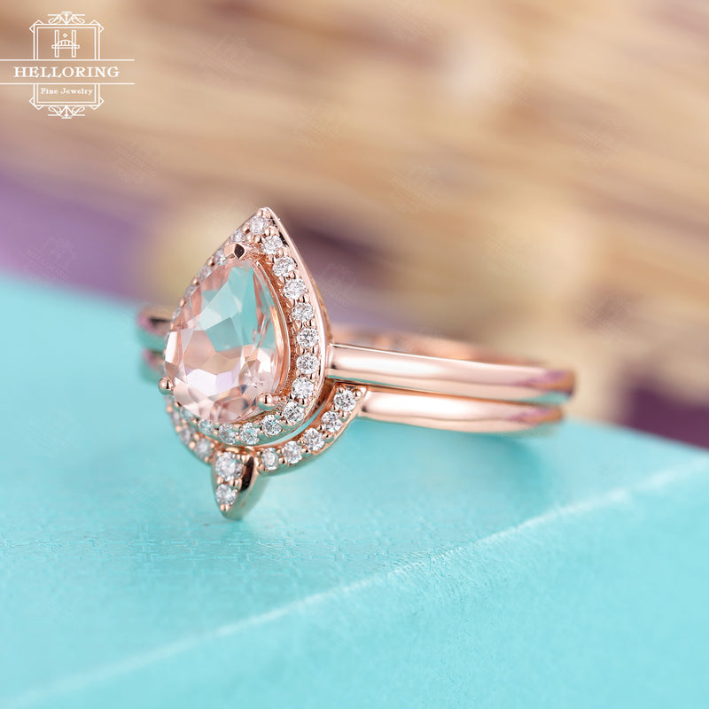 Morganite engagement ring Rose gold Pear Shaped Vintage Curved Wedding band Women Diamond Stacking Anniversary gift for her Bridal Jewelry