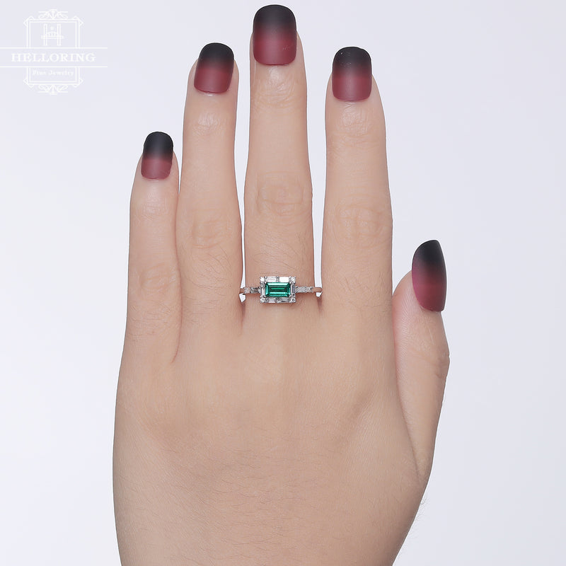 Lab Emerald Engagement ring Baguette diamond wedding ring women vintage Unique Alternative Birthstone Bridal jewelry, gift for her