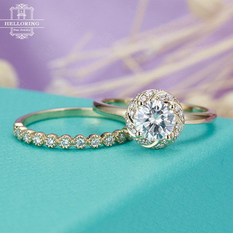 Alternative Moissanite engagement ring set vintage Unique Half eternity diamond wedding band women Flower Delicate Antique Anniversary gift