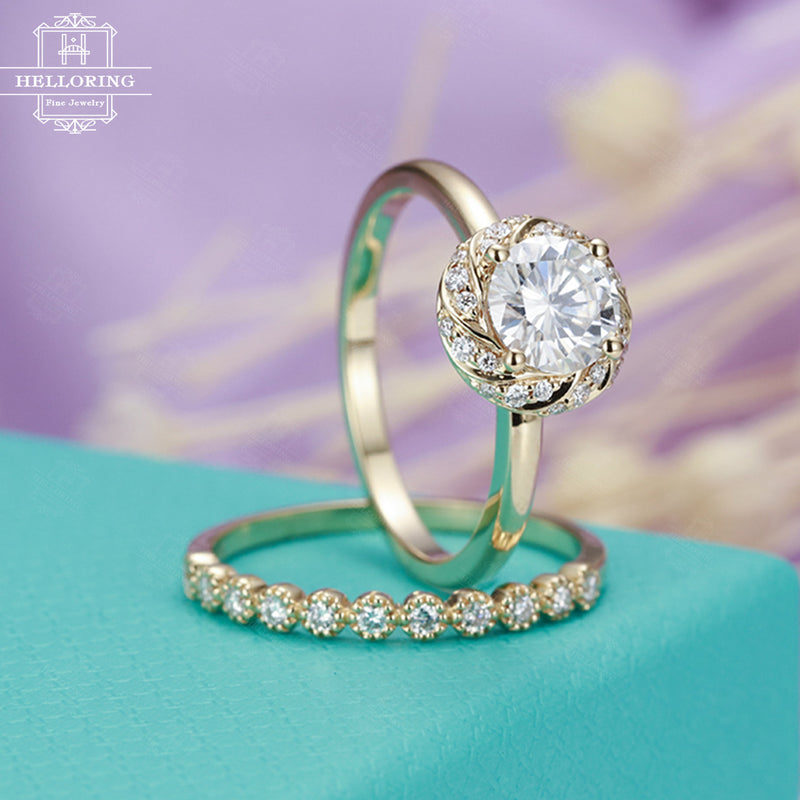 Alternative Moissanite engagement ring set vintage Unique Half eternity diamond wedding band women Flower Delicate Antique Anniversary gift