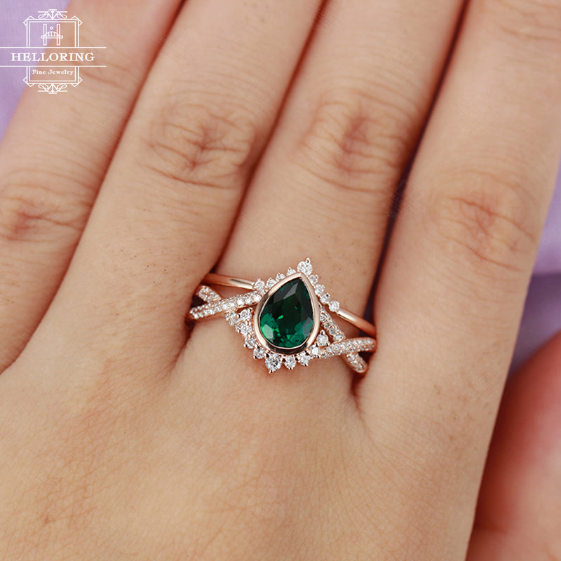 Emerald engagement ring set Diamond wedding band Women White gold Pear shaped Curved Jewelry Gift for her Anniversary Twisted band Stacking