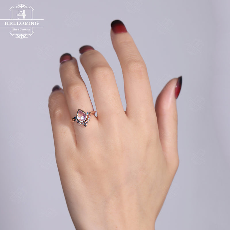 Moonstone engagement ring set,14k rose gold women, Curved white topaz wedding band,london blue topaz,Vintage Promise ring for her
