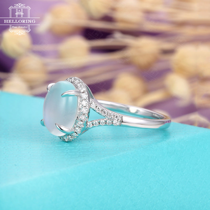 Oval Moonstone engagement ring,prong set,white gold, split shank,moissanite halo wedding, vintage half eternity Jewelry Anniversary gift