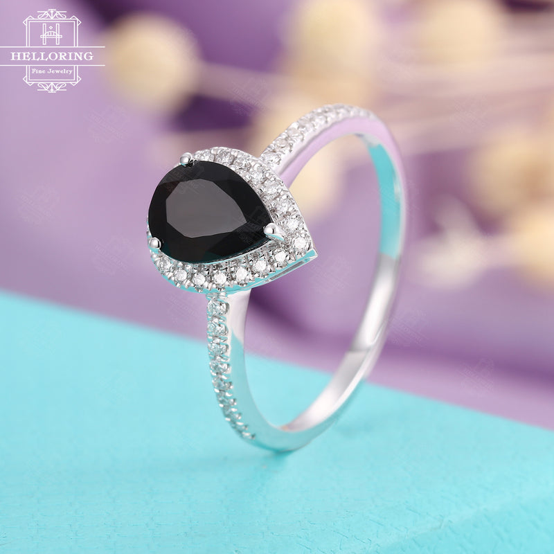 Pear Shaped Engagement ring with a black onyx in the center and halo set diamond Rose gold Women Wedding gifts for her