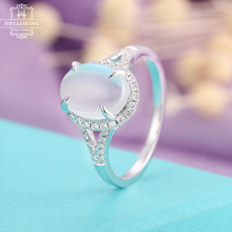 Oval Moonstone engagement ring,prong set,white gold, split shank,moissanite halo wedding, vintage half eternity Jewelry Anniversary gift