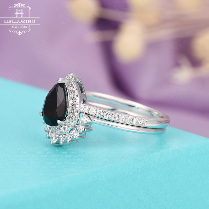 Black onyx engagement ring set 14k white gold Women Pear shaped Vintage Halo Diamond Wedding band Anniversary gift for her