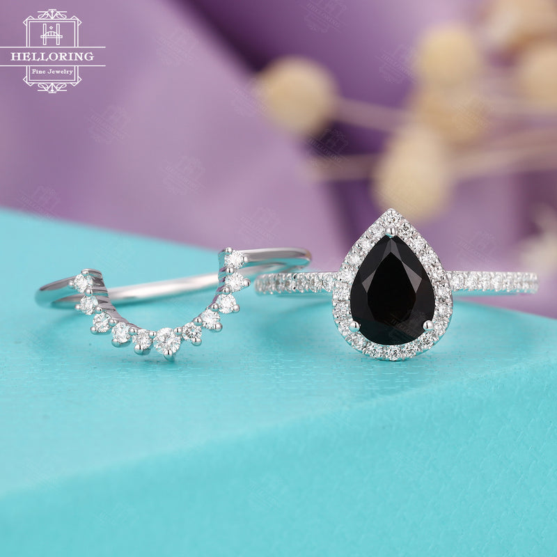 Black onyx engagement ring set 14k white gold Women Pear shaped Vintage Halo Diamond Wedding band Anniversary gift for her