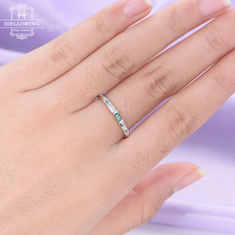 Vintage Emerald Engagement ring Rose Gold Women Unique Bridal Jewelry Art Deco Stacking Engrave antique Birthstone Promise Anniversary Gift