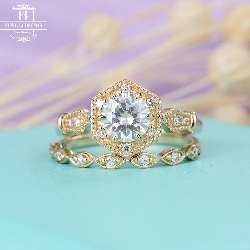 Moissanite engagement ring set Rose gold engagement ring Vintage Art deco Diamond wedding women Eternity Antique Stacking Bridal Jewelry