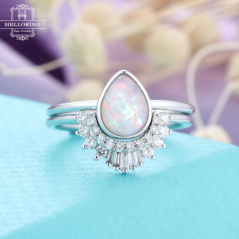 Pear shaped Opal engagement ring set, white gold,unique baguette &round Diamond Curved wedding band Women,Vintage Bridal Jewelry Anniversary