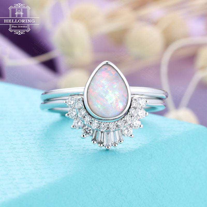 Pear shaped Opal engagement ring set, white gold,unique baguette &round Diamond Curved wedding band Women,Vintage Bridal Jewelry