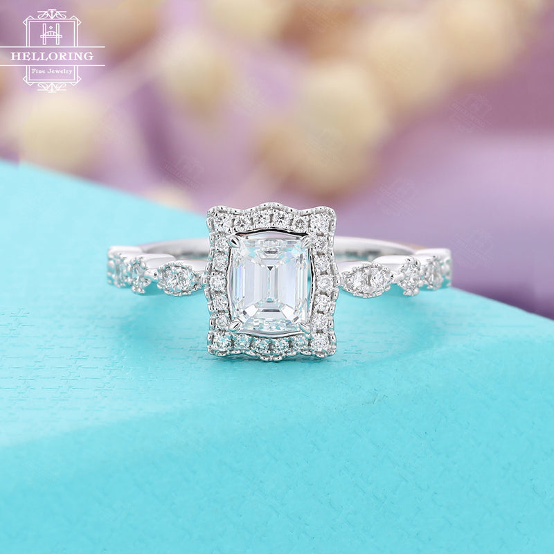Moissanite engagement ring white gold for women,Vintage Emerald cut ring,Art deco milgrain Jewelry,Halo diamond ring, Anniversary for her