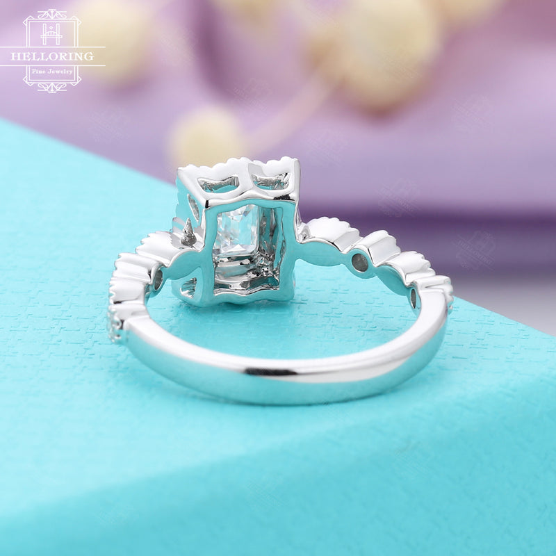 Moissanite engagement ring white gold for women,Vintage Emerald cut ring,Art deco milgrain Jewelry,Halo diamond ring, Anniversary for her