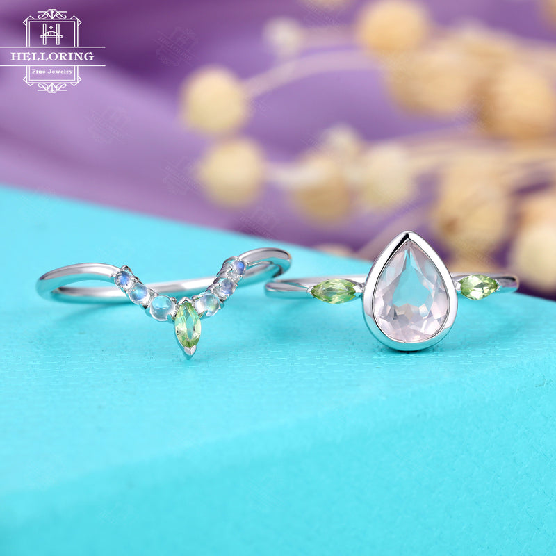 Rose quartz engagement ring, Vintage moonstone peridot curved wedding band women, marquise pear shaped Unique Bridal setJewelry Anniversary