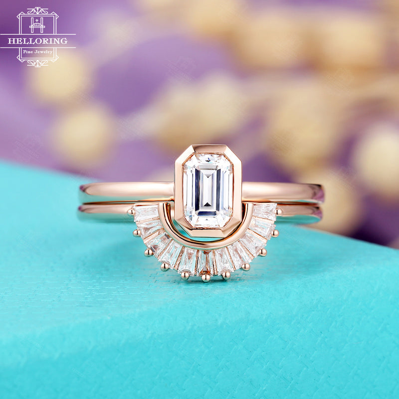 Vintage Moissanite Engagement Ring Emerald Cut  Baguette diamond Art deco Bridal set, gifts for her