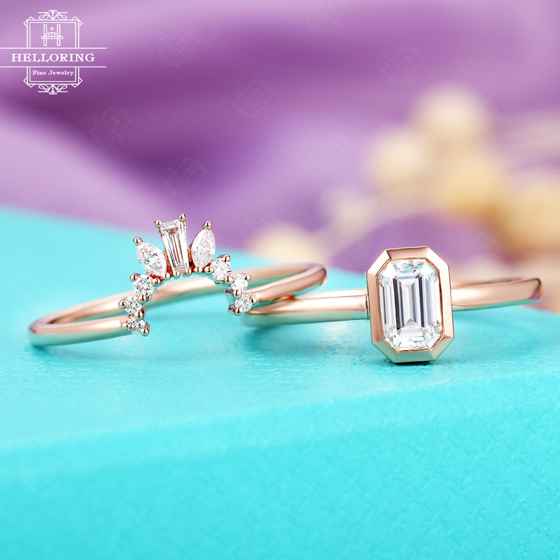 Vintage Moissanite Engagement Ring Emerald Cut Rose Gold Baguettes diamond women Unique Jewelry Art deco Bridal set gifts for her