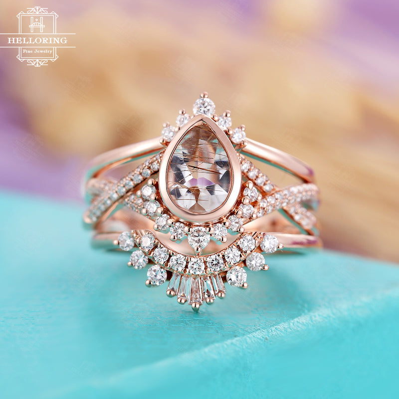 Vintage Rutilated quartz engagement ring set, Pear shaped, Diamond wedding band Women, Curved wedding band, ,Rose Gold Bridal set, Anniversary gift