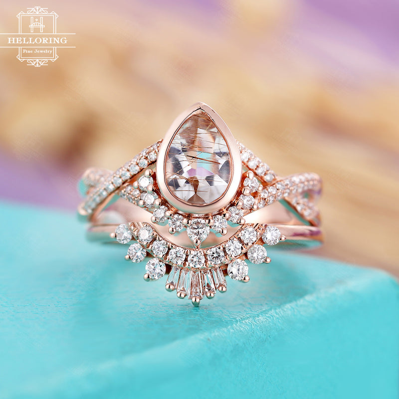Vintage Rutilated quartz engagement ring set, Solid Rose gold, Art deco Antique Diamond Twisted Wedding Women Bridal Jewelry Promise Gift