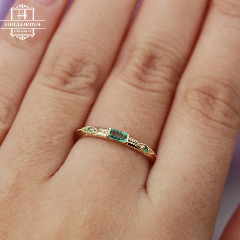 Emerald wedding band Rose Gold Women Vintage Unique Bridal Jewelry Art Deco Stacking Engrave antique Birthstone Alternative Promise Gift