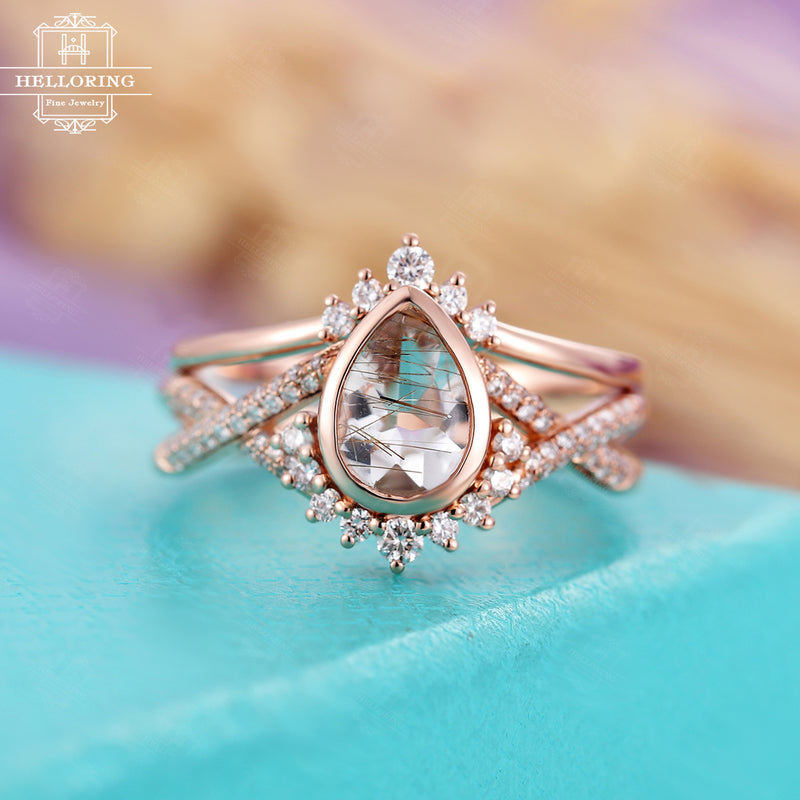Vintage Rutilated quartz engagement ring set, Pear shaped, diamond/Moissanite twisted band women,Rose Gold Bridal set, Anniversary gift