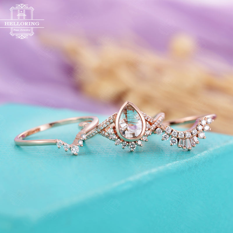 Vintage Rutilated quartz engagement ring set, Pear shaped, Diamond wedding band Women, Curved wedding band, ,Rose Gold Bridal set, Anniversary gift