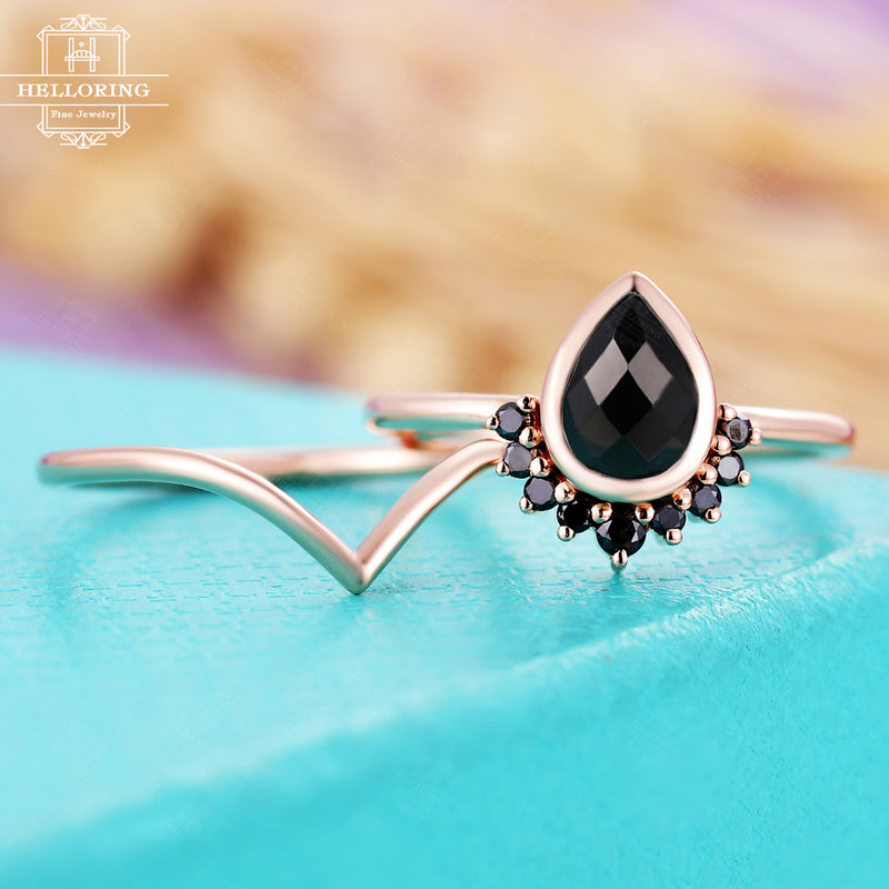 Black Onyx Ring Long Oval Inlaid Onyx for Women's