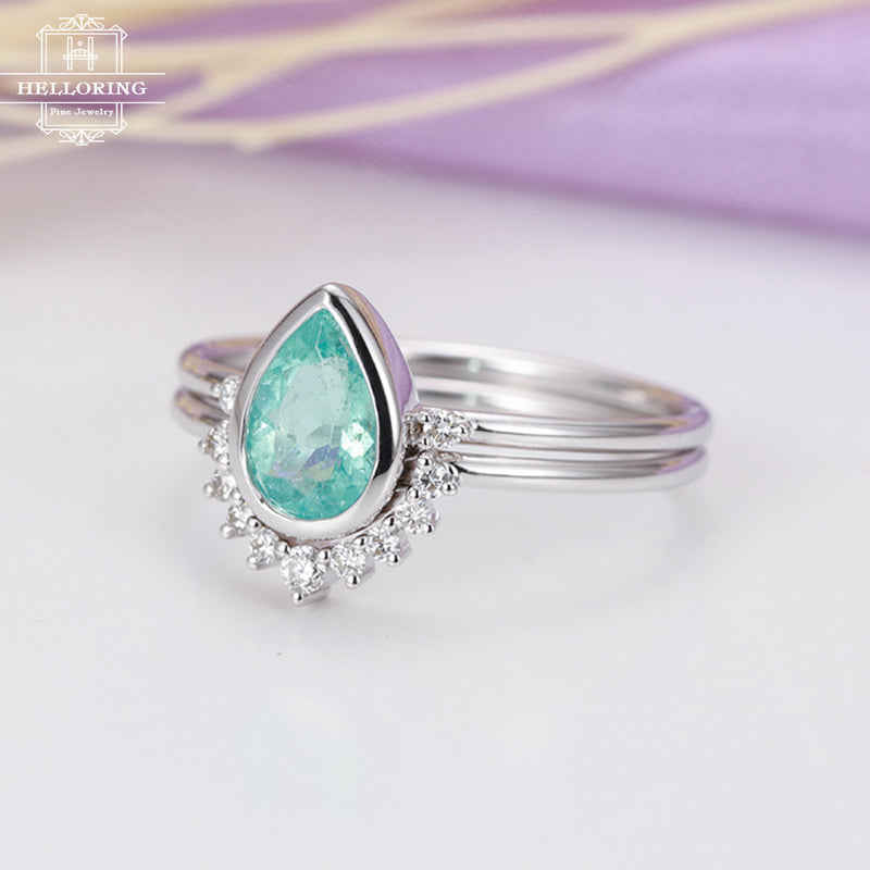 Pear shaped cut Engagement ring White gold Apatite Diamond wedding band Women Curved Bridal set Unique Anniversary Gift for her