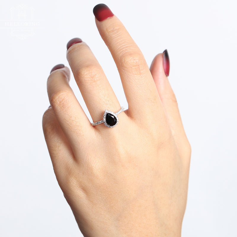 Pear Shaped Engagement ring with a black onyx in the center and halo set diamond Rose gold Women Wedding gifts for her