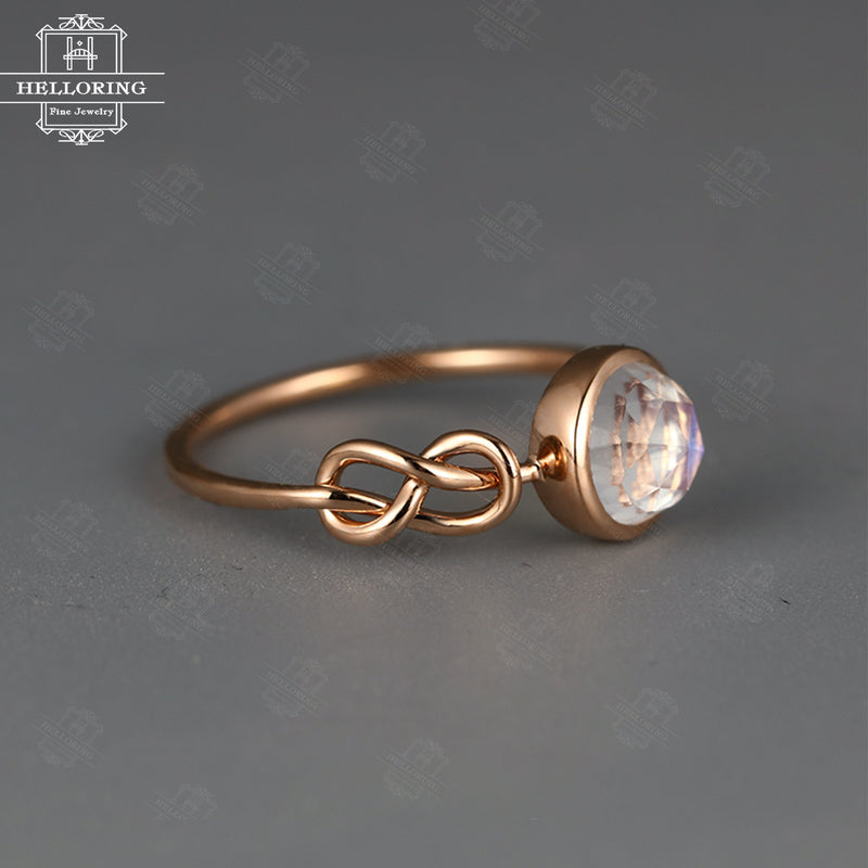 Moonstone Engagement Ring Unique engagement ring Rose gold Women Rose cut Solitaire Bridal set jewelry Love knot Anniversary gift for her