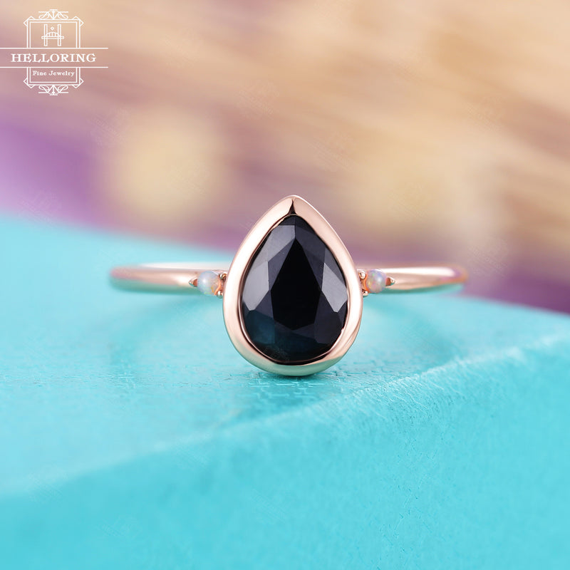 Vintage black sapphire engagement ring, Pear shaped,opal ring women, Rose Gold, simple bezel set,Bridal Jewelry Anniversary gift for her