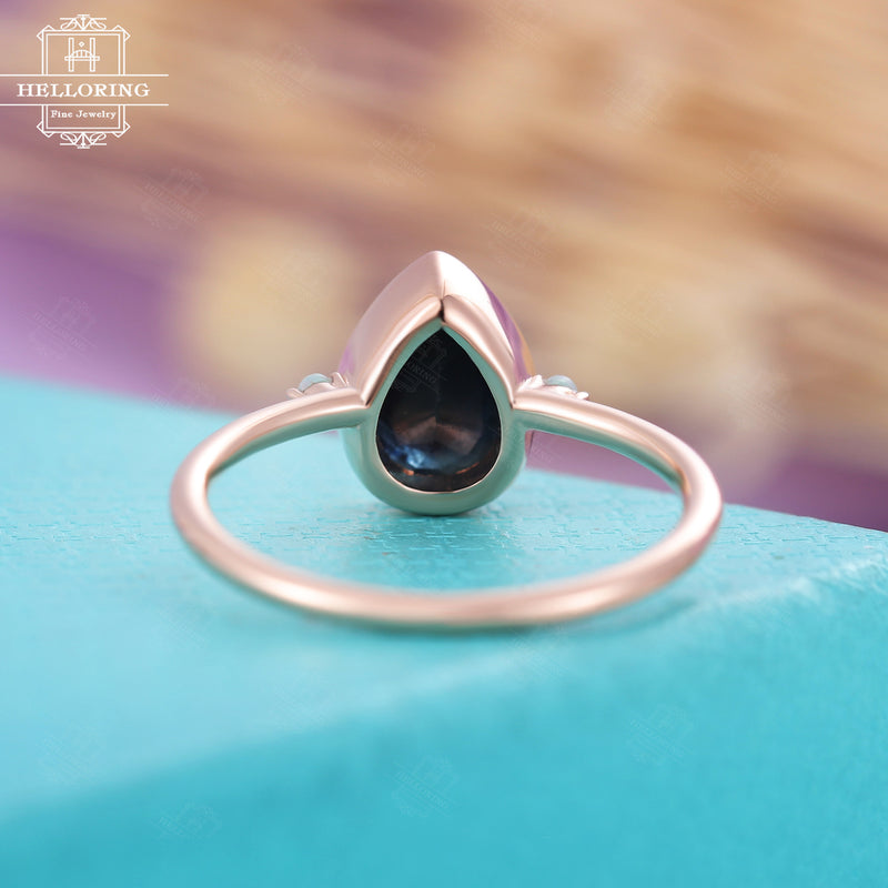 Vintage black sapphire engagement ring, Pear shaped,opal ring women, Rose Gold, simple bezel set,Bridal Jewelry Anniversary gift for her