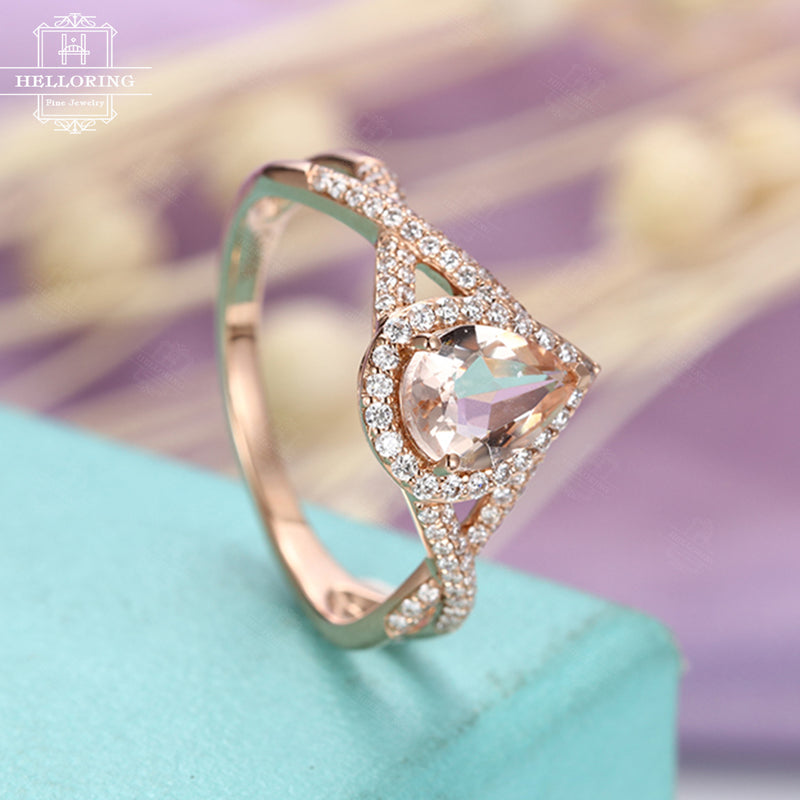 Morganite engagement ring Pear shaped engagement ring Rose gold Women Wedding Halo diamond Jewelry Gift for her Bridal Anniversary Twisted