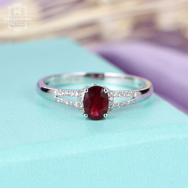 Ruby engagment ring oval women vintage diamond wedding antique act deco birthstone Bridal set Jewelry Christmas gift Anniversary for her