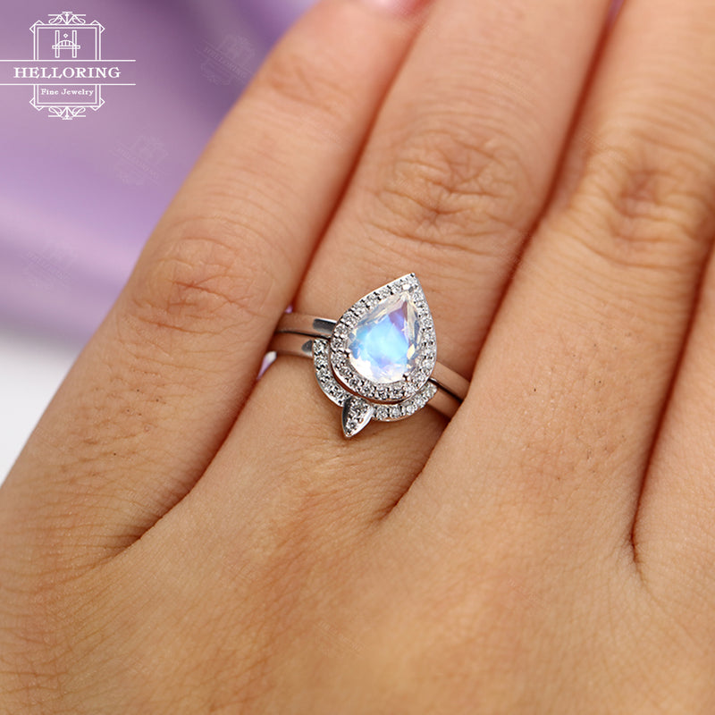 Moonstone engagement ring Vintage Halo Diamond Curved Wedding Women Antique Pear Shaped Stacking Bridal set Promise Anniversary gift for her