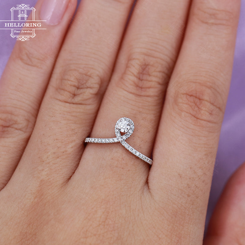 Unique Diamond engagement ring White gold Women Wedding Jewelry Delicate Dainty Twisted band Bridal Anniversary gift for her Half eternity