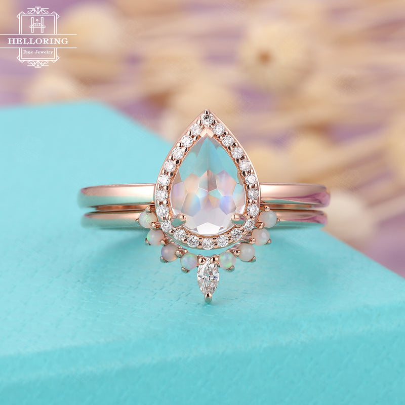 Vintage Pear Shaped Moonstone engagement ring Rose gold Opal diamond Wedding band Women Halo Promise Bridal set Birthstone Anniversary gift