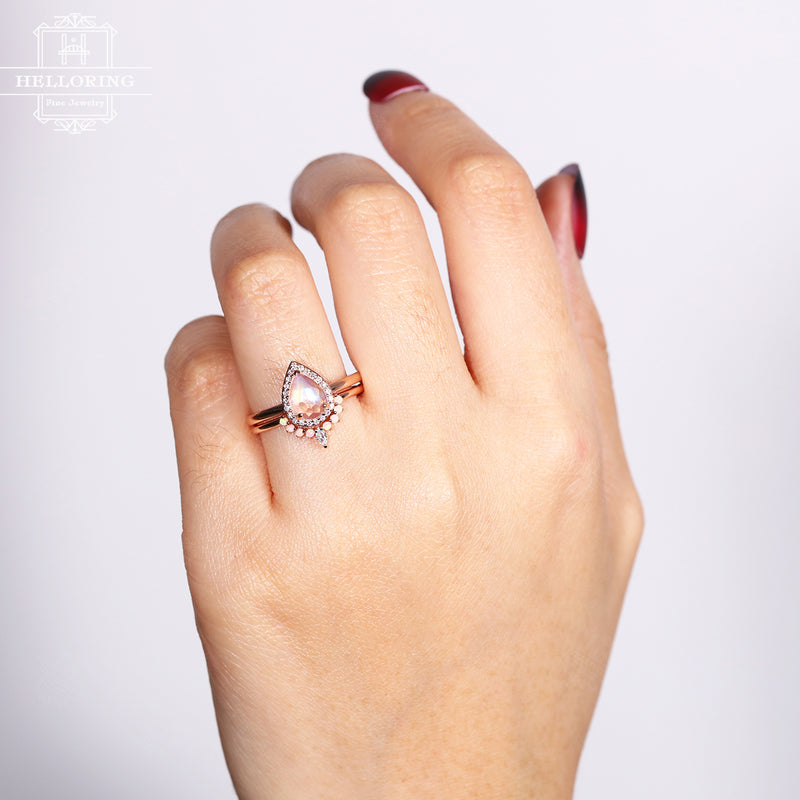 Vintage Pear Shaped Moonstone engagement ring Rose gold Opal diamond Wedding band Women Halo Promise Bridal set Birthstone Anniversary gift