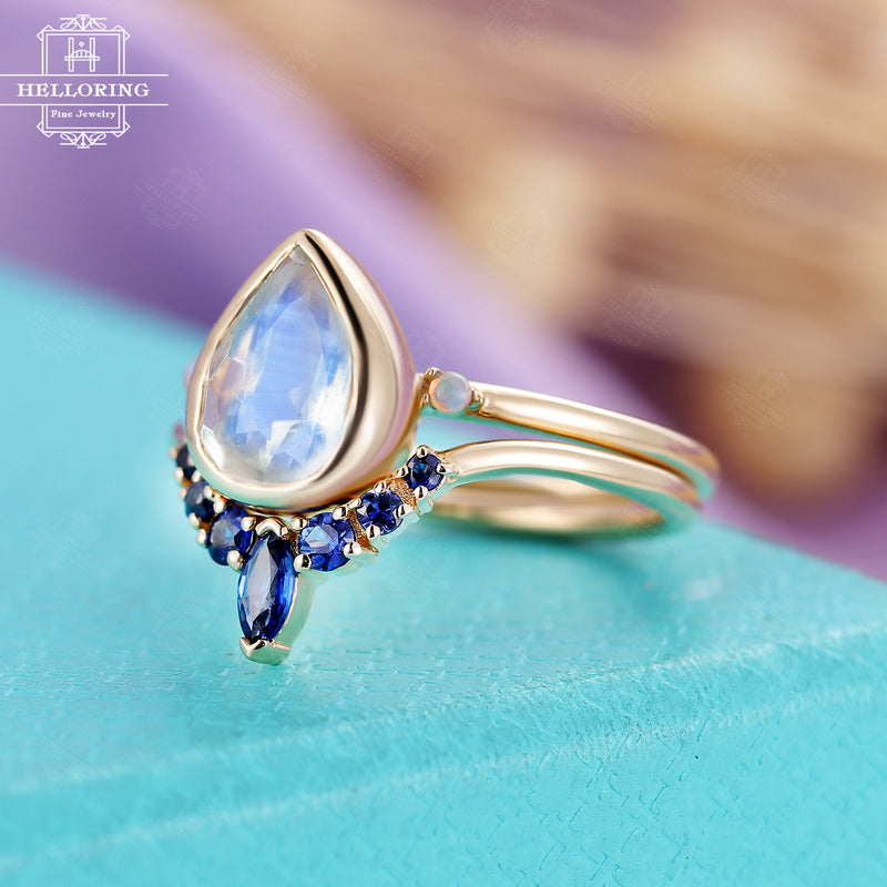 Pear shaped Moonstone Engagement ring set Rose gold women,Marquise cut sapphire Dainty opal ring,Unique wedding ring for her Promise jewelry